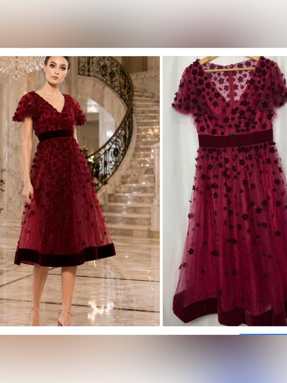 Mac Duggal 67854 Womens Velvet 3D Flower-Embellished Midi-Dress Burgundy 6= XS